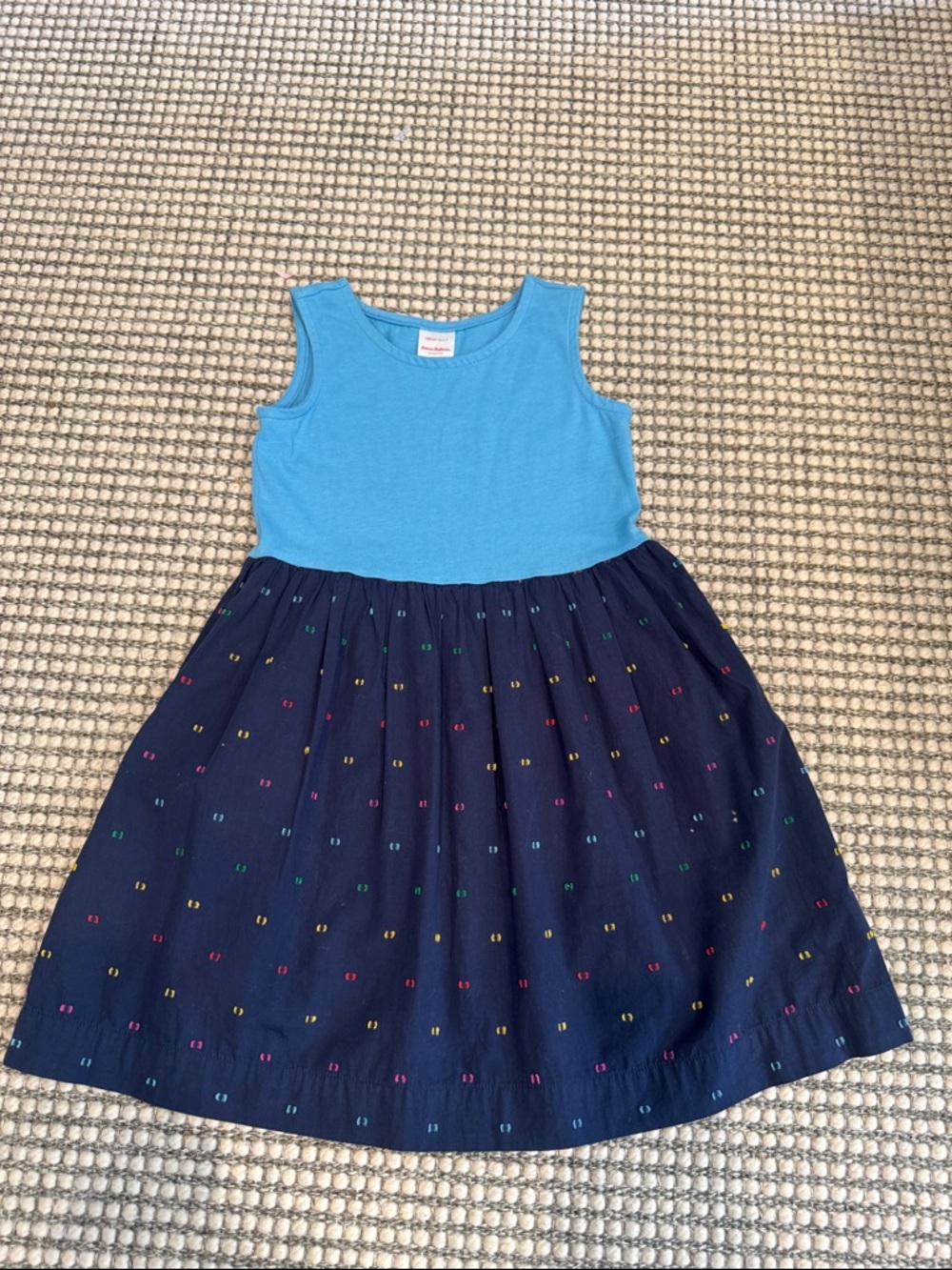 Hanna Andersson Turquoise Tank Top with Navy Skirt and Multicolor Dot Embroidery